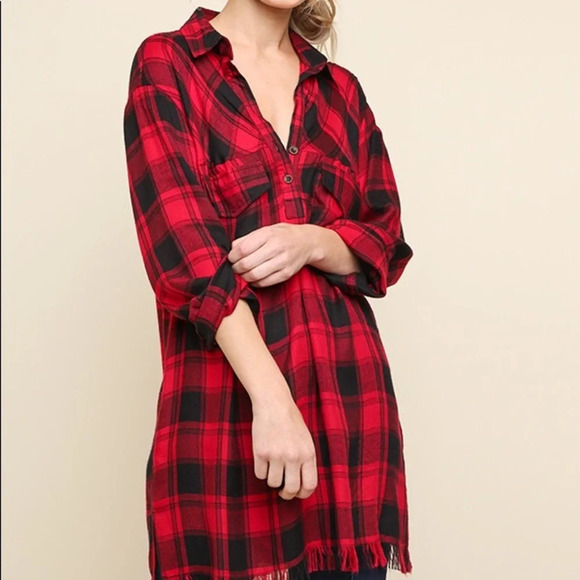 NWT Umgee boutique buffalo plaid tunic high low frayed hem sz L - Picture 2 of 11
